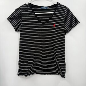 Polo Ralph Lauren Womens Black White Stripe V Neck T Shirt Top Size‎ M